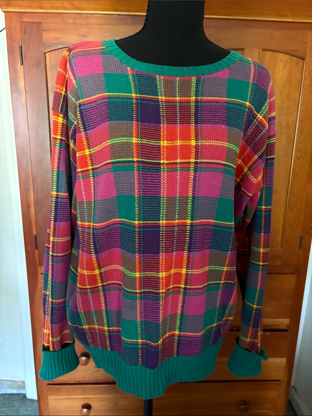 Vintage Ralph Lauren Multicolor Plaid Knit Sweater with Green Trim.